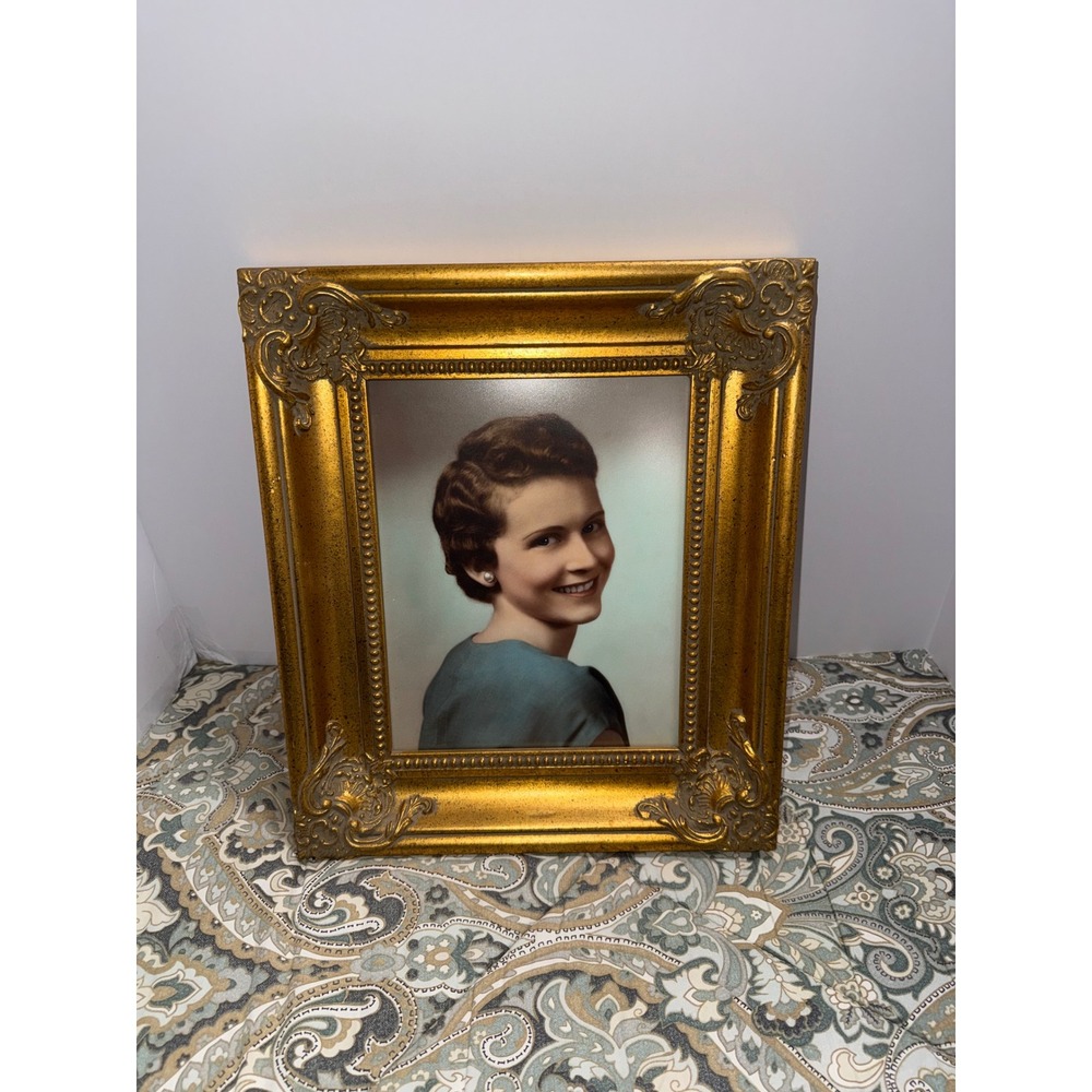 Vintage Ornate Gold Picture Frame Mid Century Hand Colored Portrait 15.5x13.5